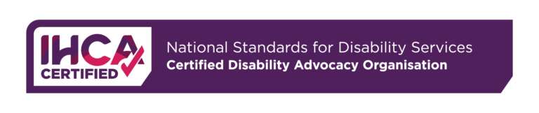 Institute for Healthy Communities Australia Inc (IHCA) Logo. IHCA Certified. National Standards for Disability Services. Certified Disability Advocacy Organisation.