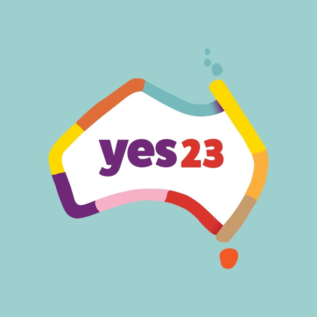 Image: Outline of Australia with "YES23" in the centre, on a light blue background